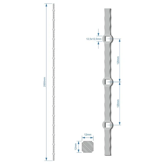 Probíjená tyč H 2000 mm opískovaná, zdobený profil 12x12 mm, rozteč děr 120 mm, na jedné tyči je 16x oko 12,5x12,5 mm