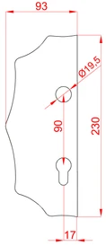 Štít 230x93x3mm s otvory, rozteč 90mm, otvor na kliku ø19,5 mm, hladký, oboustranný (levý i pravý), pro zámek ZM90/80 - slide 1