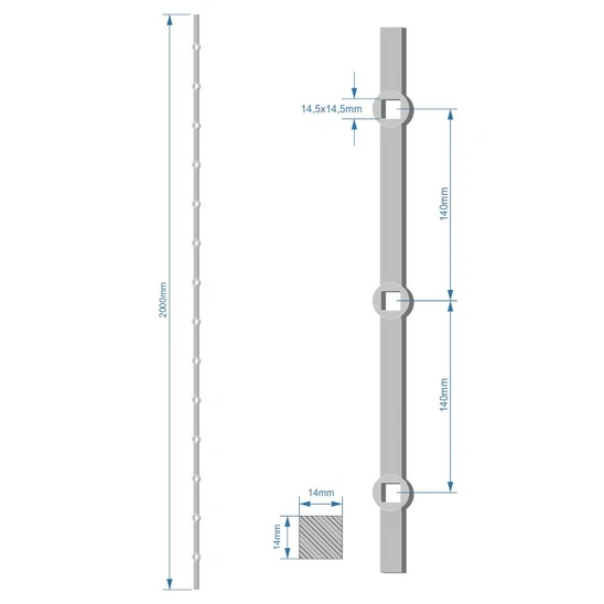 Probíjená tyč délky 2000 mm, opískovaná, profil 14 x 14 mm, rozteč děr 140 mm, oko 14,5 x 14,5 mm, na tyči je 14 děr