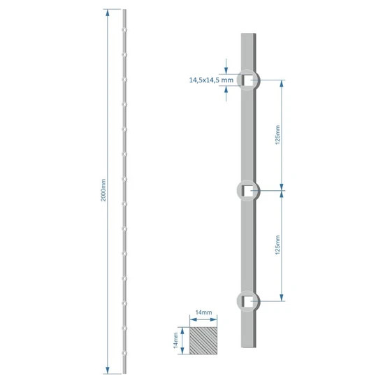 Probíjená tyč délky 2000 mm, opískovaná, profil 14 x 14 mm, rozteč děr 125 mm, oko 14,5 x 14,5 mm, na tyči je 14 děr